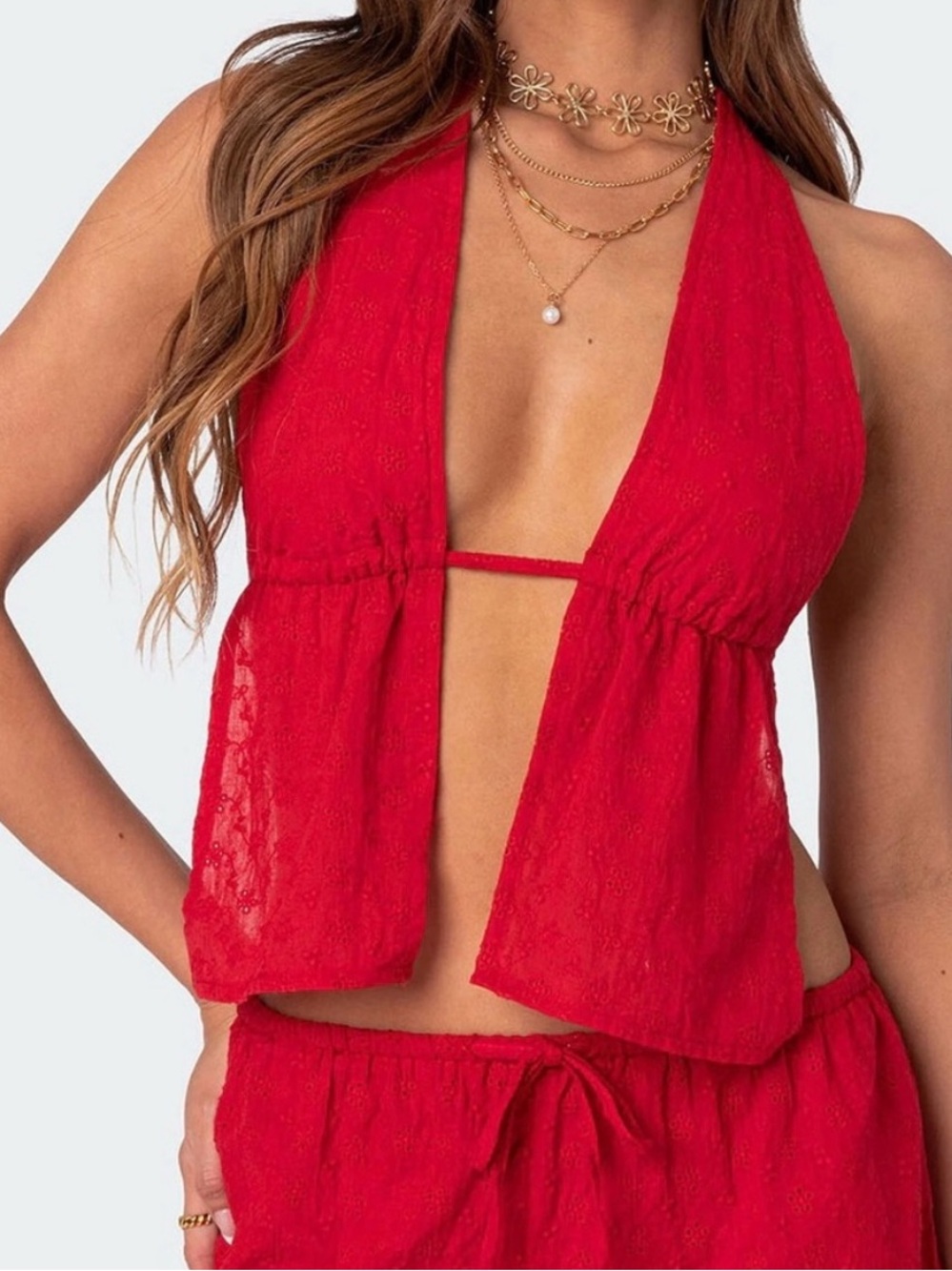 NWT Edikted Red Halter Tie-Back Cotton Top